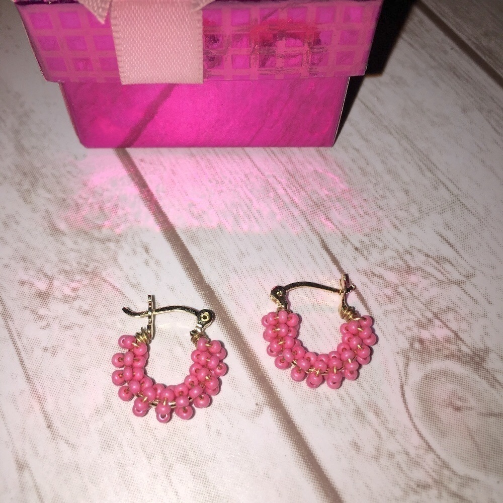 NEW Pink Beads Yellow Gold Plated Small Hoop Earrings